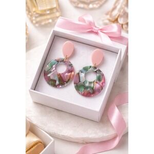 Multi Color Mosaic Resin Drop Earrings Pink Green Marbled Geometric Statement